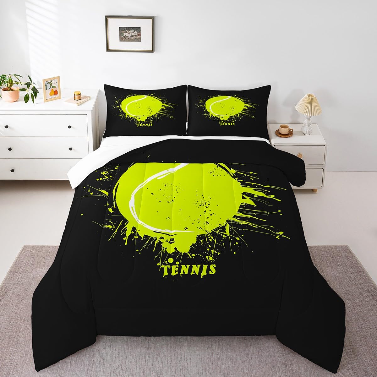 Manfei Tennis Comforter Set Full Size, Green Tennis Print Bedding Set 3Pcs For Kids Boys Teens Bedroom Decor, Sports Gaming Them