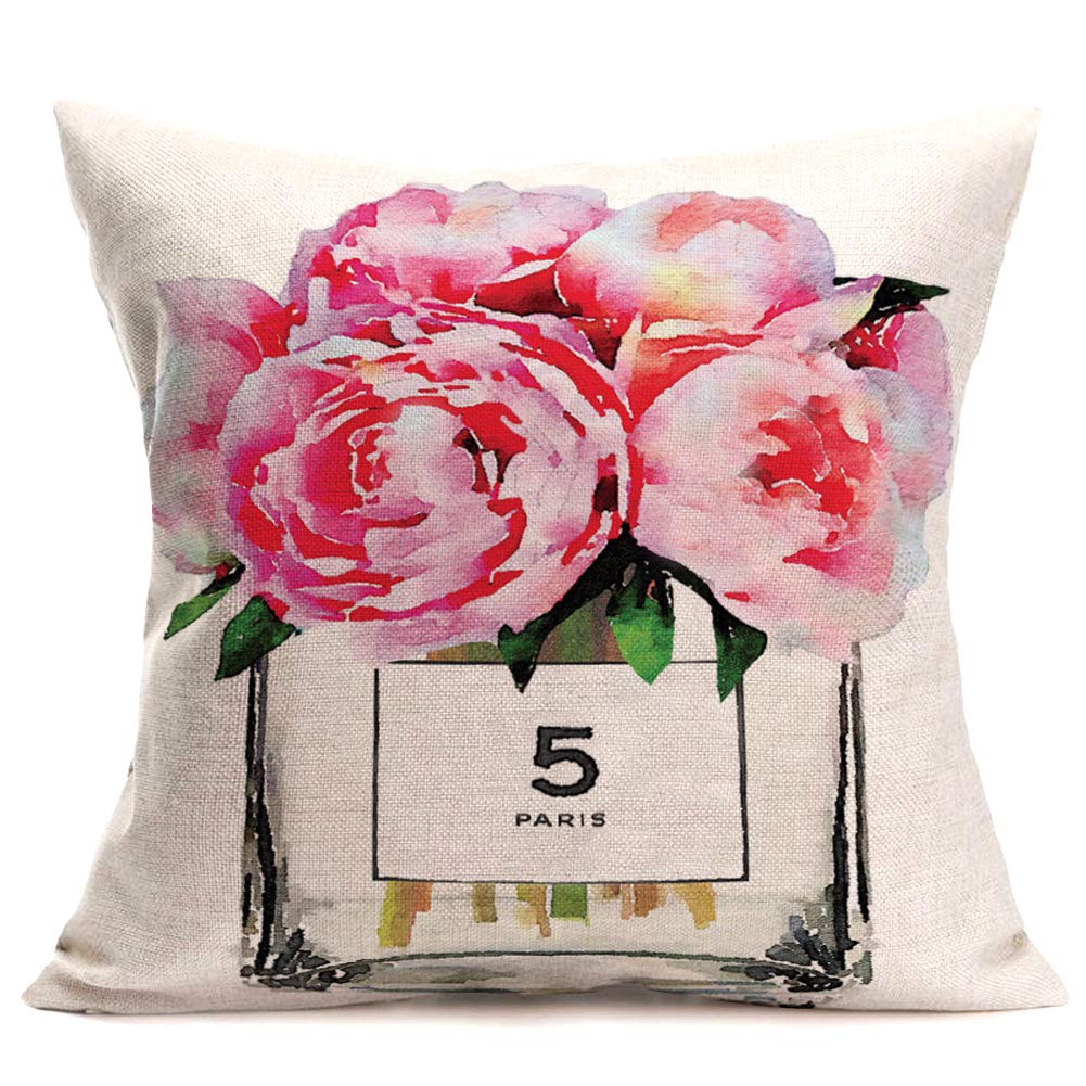 Tlovudori Watercolor Floral Pink Roses Bloom Throw Pillow Cover Decorative Cotton Linen Romantic Paris Perfume Bottle Green Leav