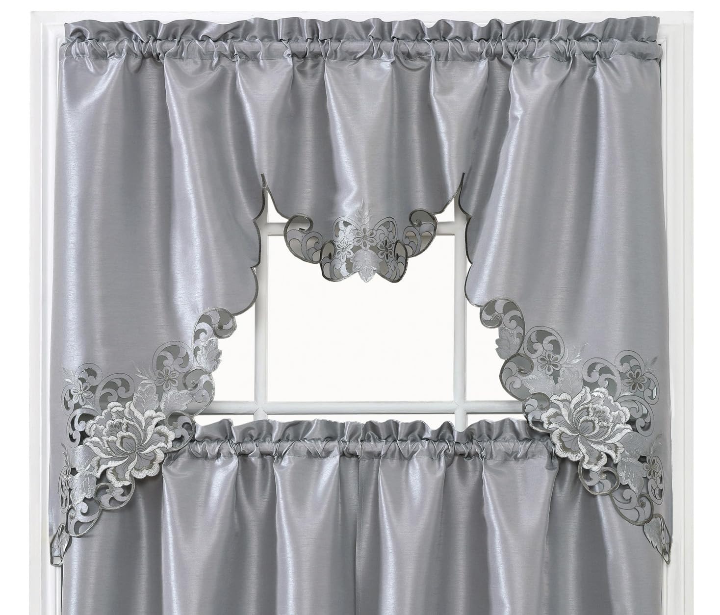 GOHD Passionate Bloom Kitchen Curtain Swag Valance and Tier Set Nice Embroidery on Faux Silk Fabric with cutworks (Silver Grey)