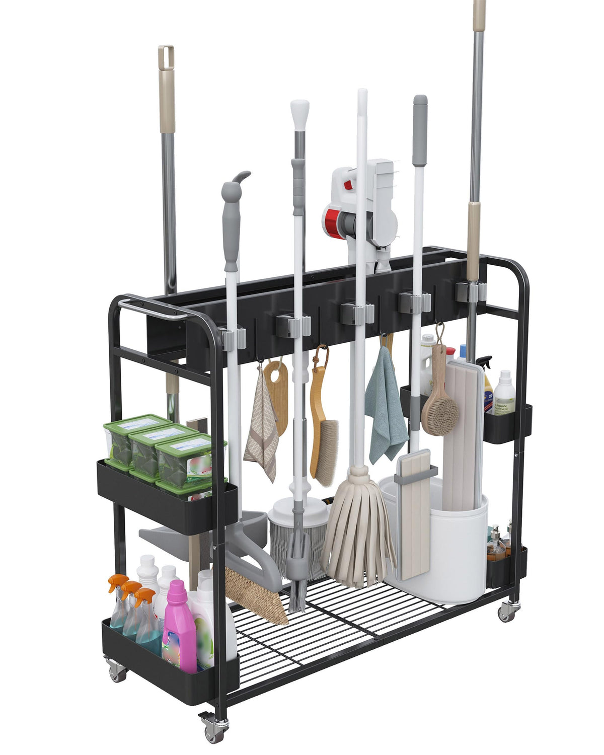 Stelhold Broom and Mop Holder with Cleaning Supplies Organizer (Black)