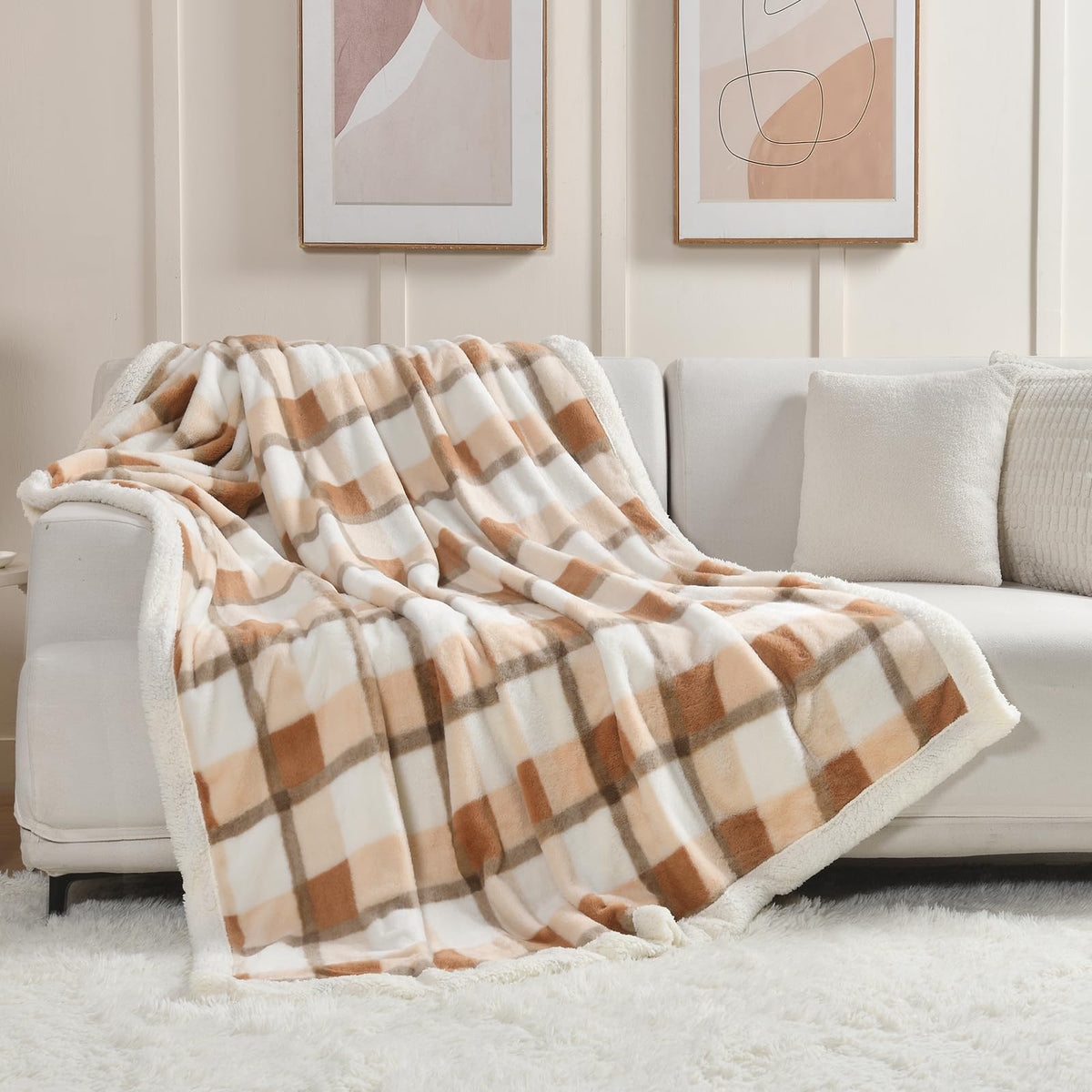 Pu Mei Super Soft Faux Rabbit Fur Sherpa Fleece Throw Blanket, Reversible Luxury Cozy Cute Furry Blanket, Plush Warm Shaggy Fluf