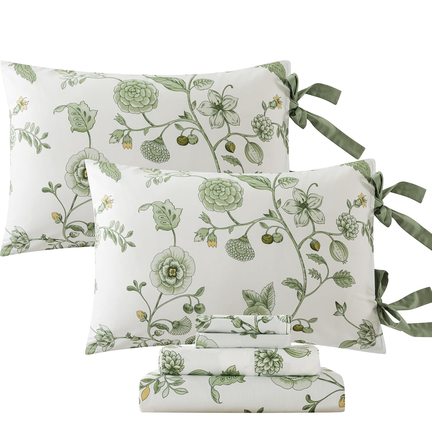 Fadfay Twin Xl Floral Sheets For College Girls Premium Percale Cotton Green Flower Bed Sheet With Cute Bowknot Design Shabby Vin
