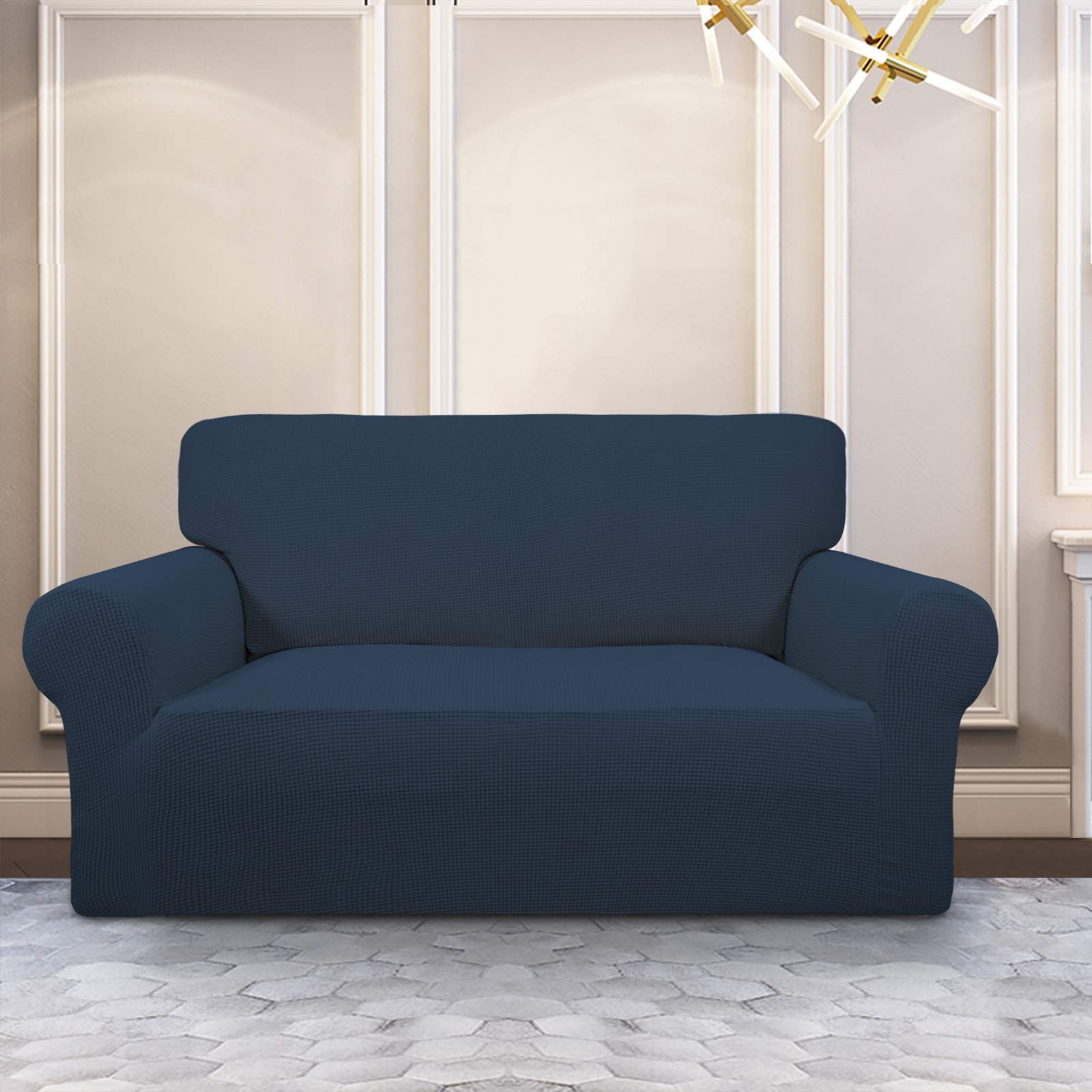 Purefit Stretch Loveseat Sofa Slipcover – Spandex Jacquard Non Slip Soft Couch Sofa Cover, Washable Furniture Protector With Non Skid Foam And Elastic Bottom For Kids (Loveseat, Dark Blue)