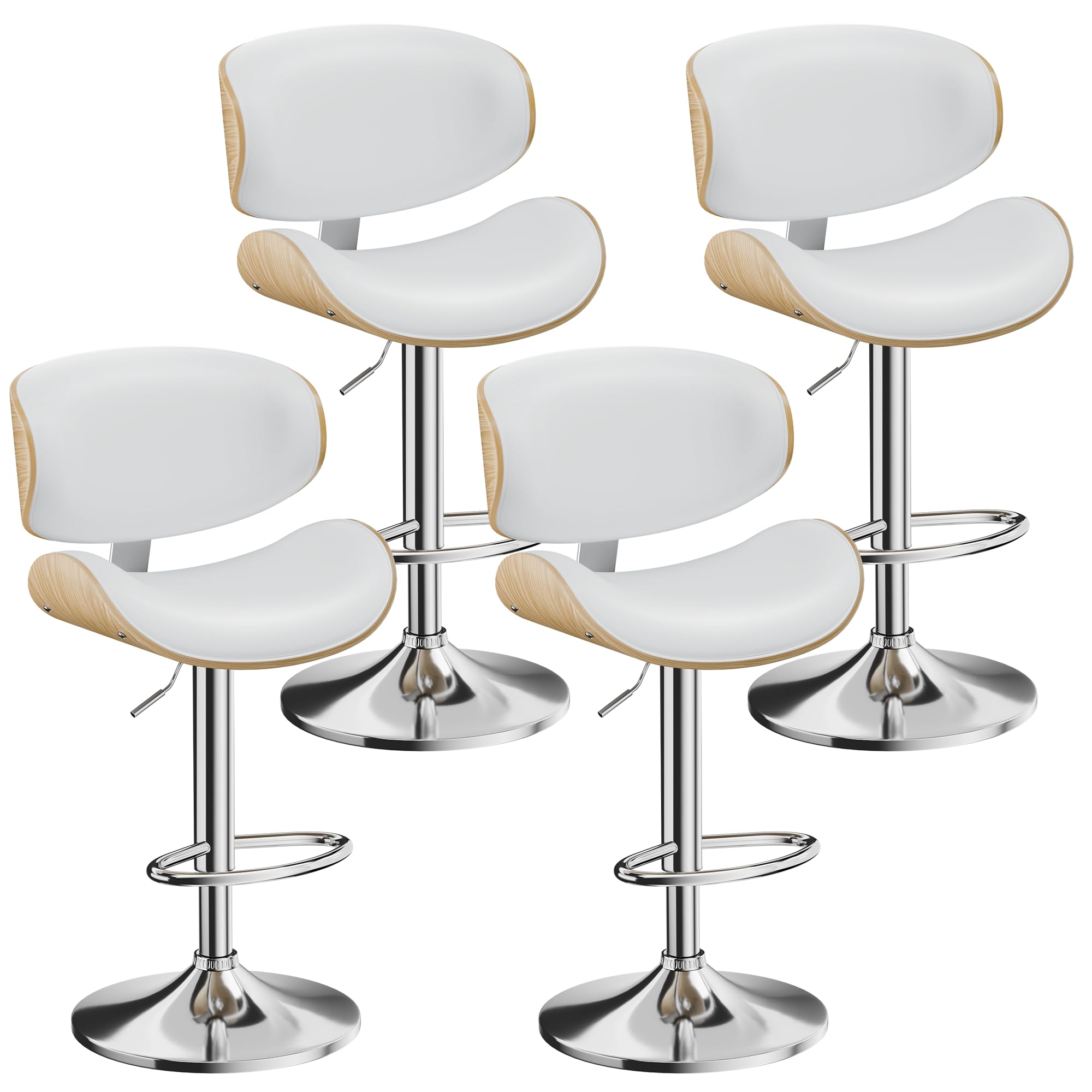 Yafiti Swivel Bar Stools Set Of 4 For Kitchen Counter, Adjustable Bentwood Barstools, Modern Pu Leather Upholstered Bar Chair Wi