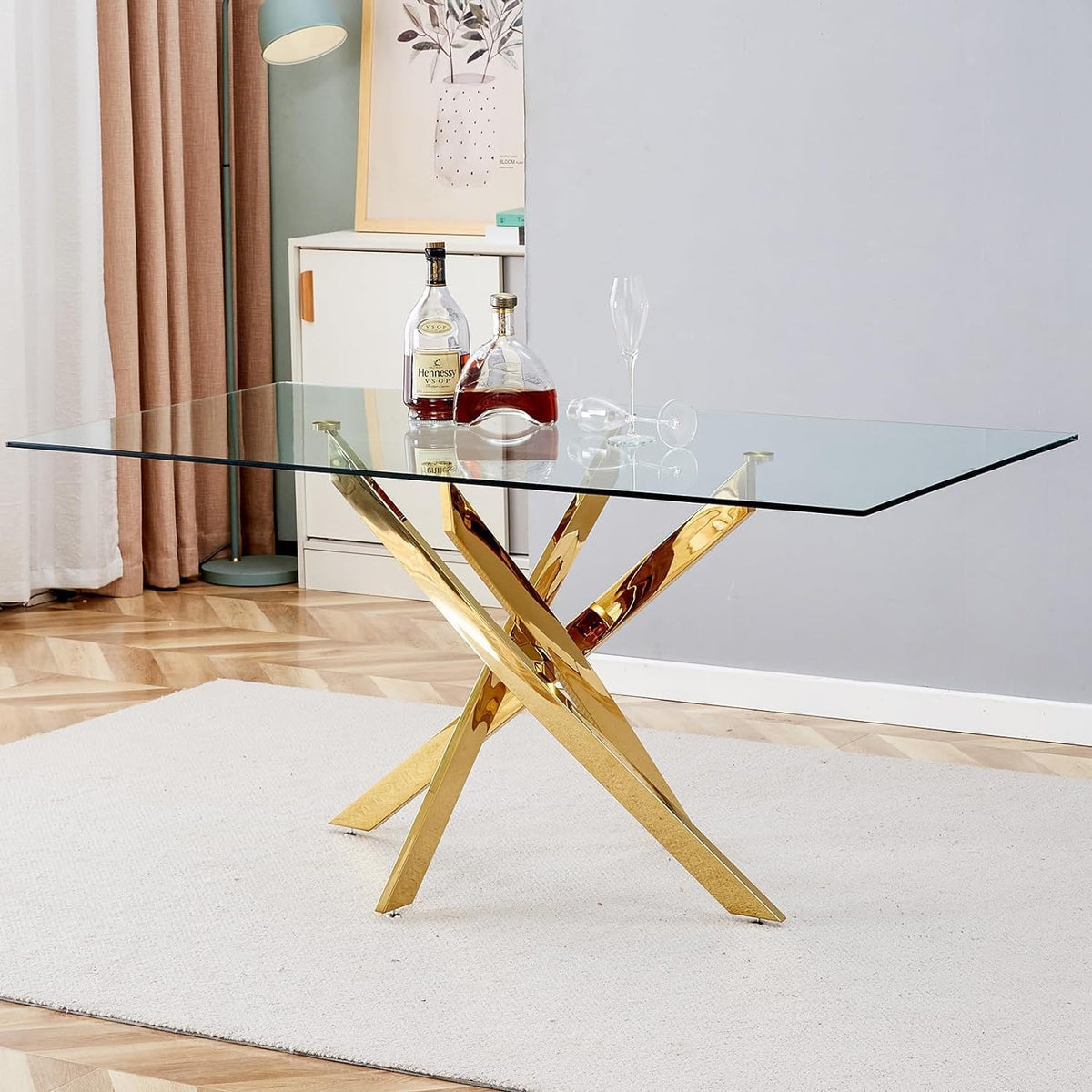 51Inch Dining Table For 4-6 Pepole, Modern Glass Dining Table With 0.39' Thick Glass Top And Stainless Steel Legs, Kitchen Table For Dining Room