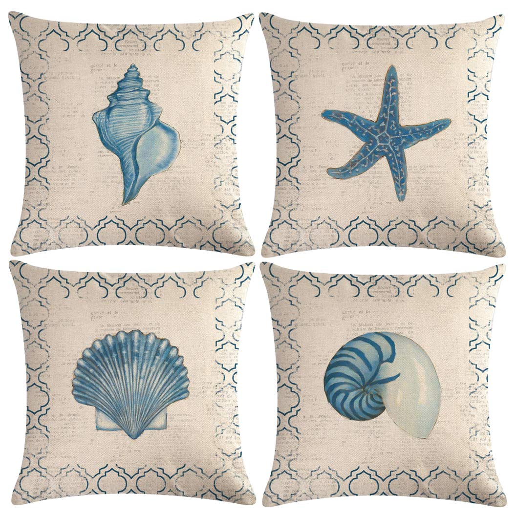 7Colorroom 4Pack Vintage Sea Theme Pillow Covers Coastal Beach With Couch &Starfish& Shell Cushion Cover Navigation Sailing Cott