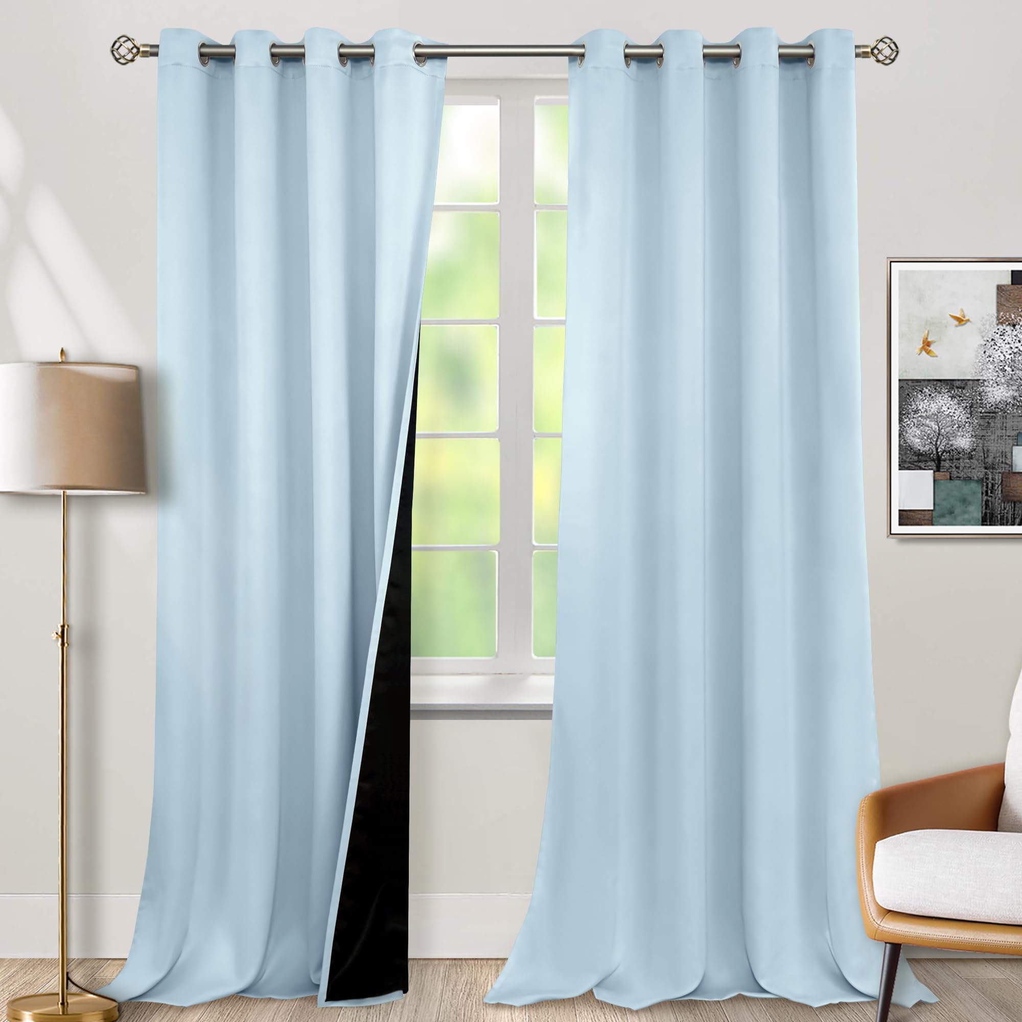 Bgment Baby Blue 100% Blackout Curtains For Nursery Bedroom 90 Inch Length 2 Panels, Thermal Insulated Full Light Blocking Gromm