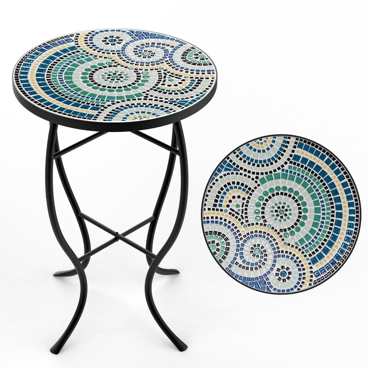 Fromjbest Mosaic Outdoor Side Table, Patio Side Table, Weather Resistant 14'' Diameter 21'' H Ceramic Tile Round Outside Table F