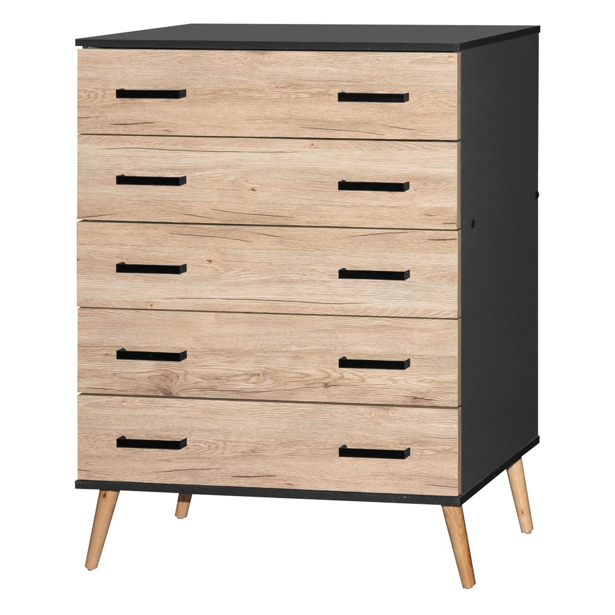 Better Home Products Eli Mid-Century Modern 5 Drawer Chest Dark Gray & Natural Oak