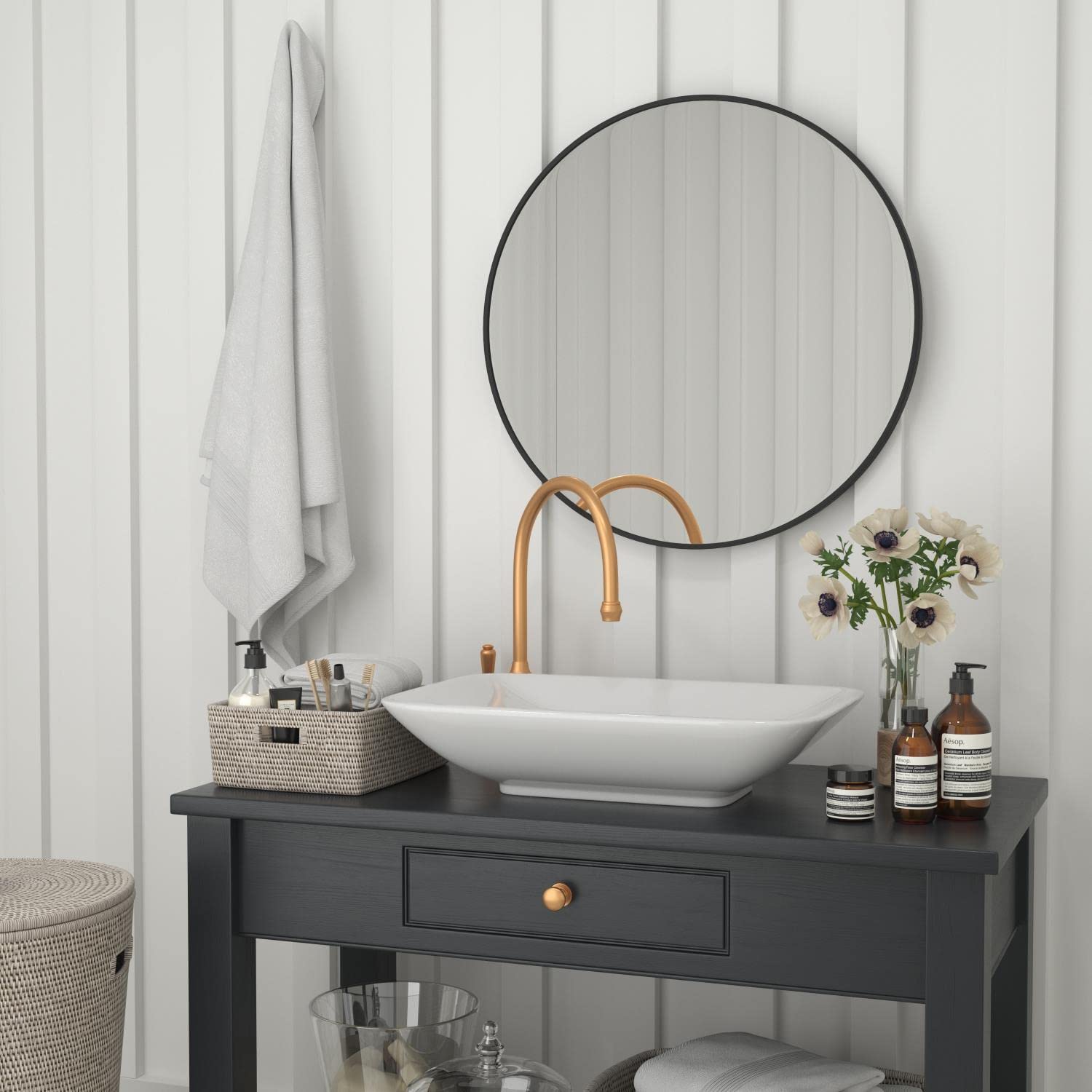 Flash Furniture Large Round Wall Mirror - Black Circle Accent Mirror - 30&quot; Vanity Mirror - For Bathroom, Vanity, Entryway, Dining Room, & Living Room