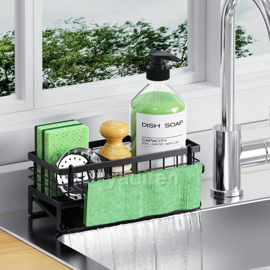 Kitchen Sink Organiser Organizer Soap Stand for Holder Sponge with Drainage  Sink Counter Storage (Black)
