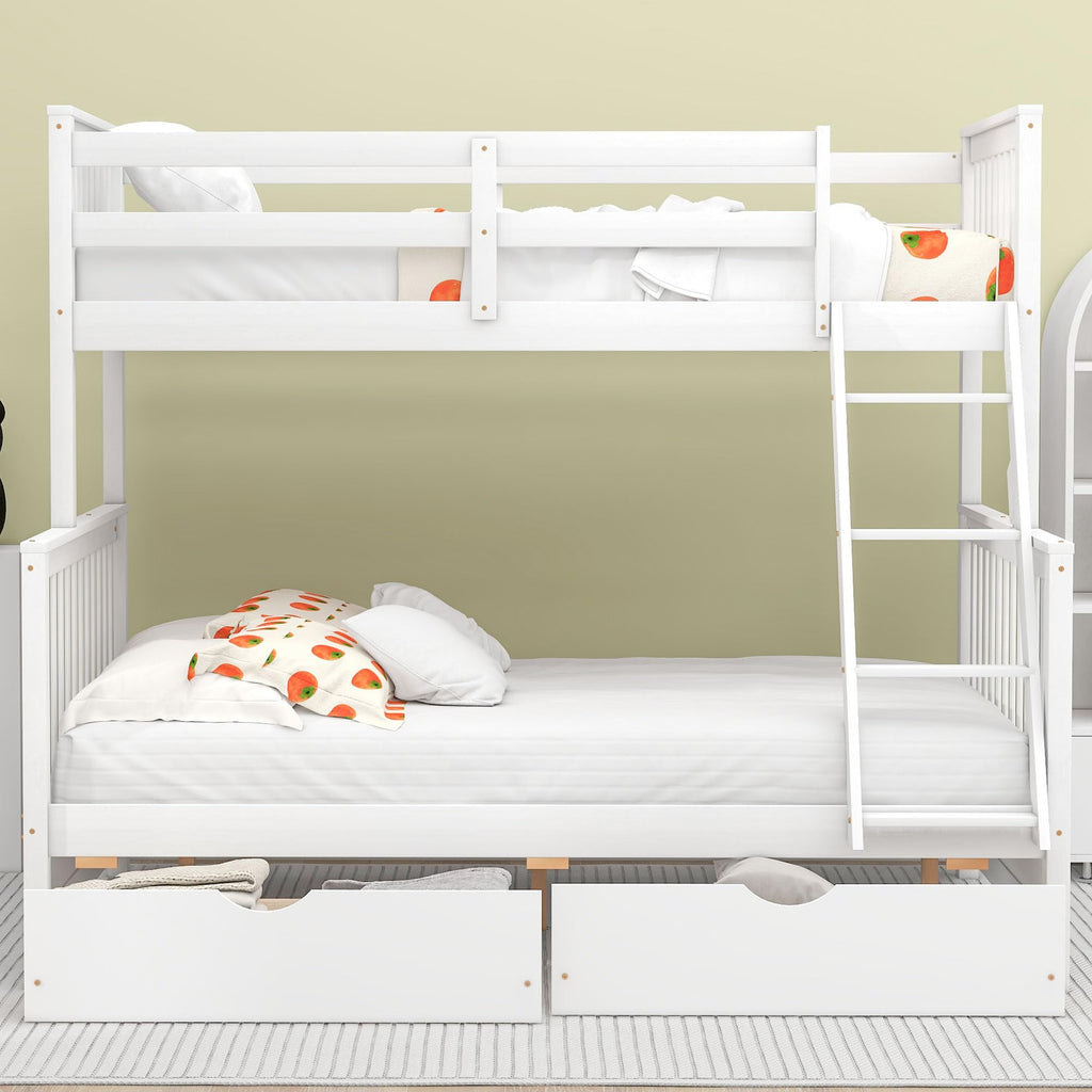 Merax Wood Bunk Bed With Drawers,Convertible Wood Bunk Bed With Ladders And Two Storage Drawers,Solid Wood Detachable Bunk Bed Frame With Ladders,Twin Over Full Size,White