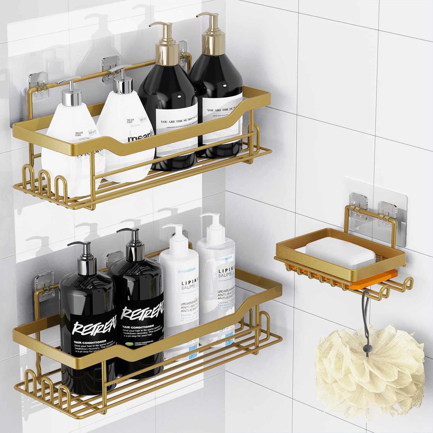 BATHDESIGN Shower Caddy Shelves Organizer Rack, 3 Pack Shower Caddy with Soap Holder, Shower Shelves for Inside Shower, No Drill
