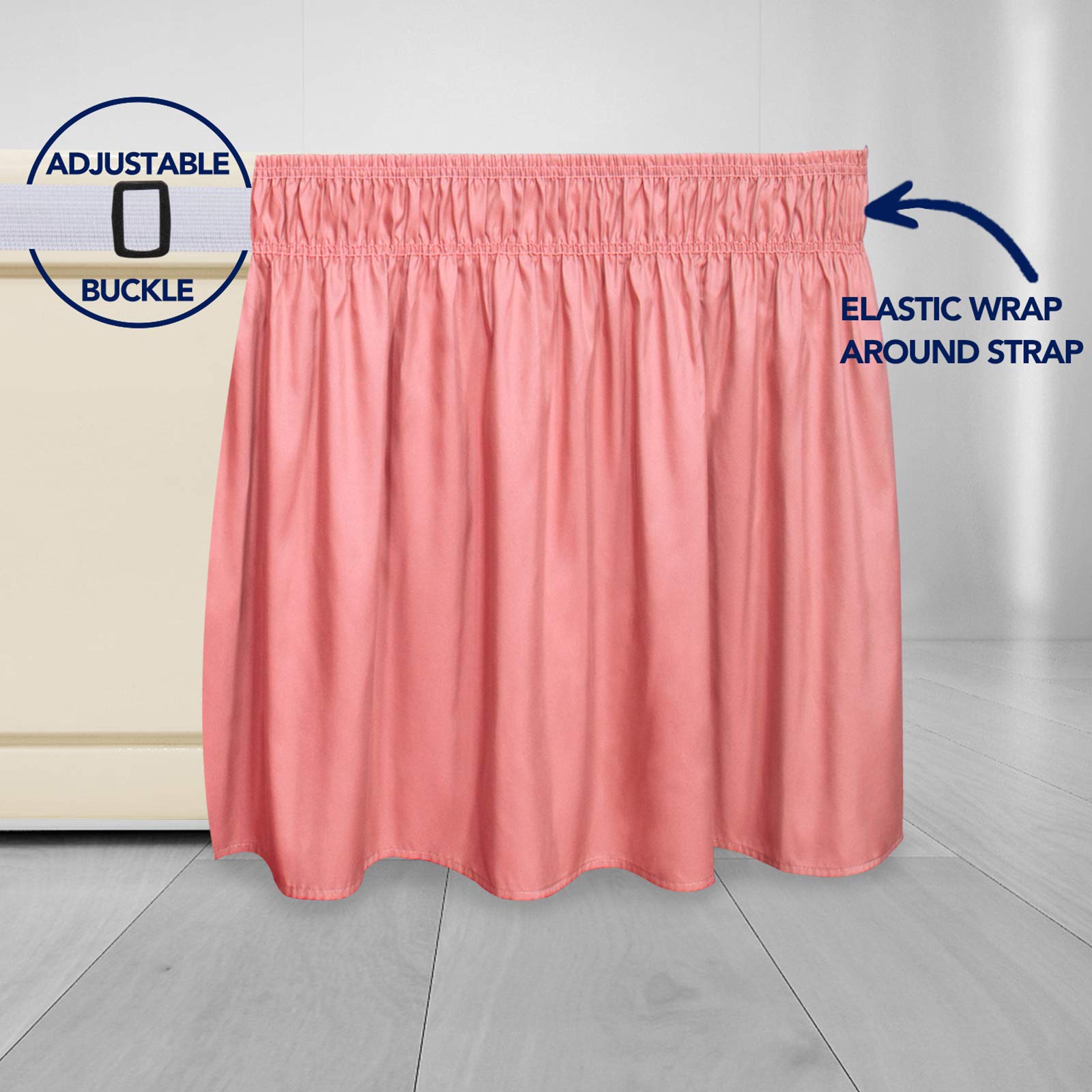 Purefit Wrap Around Ruffled Bed Skirt With Adjustable Elastic Belt - 14 Inch Drop Easy To Put On, Wrinkle Free Bedskirt Dust Ruffles, Bed Frame Cover For Twin,Twin Xl And Full Size Beds, Pink