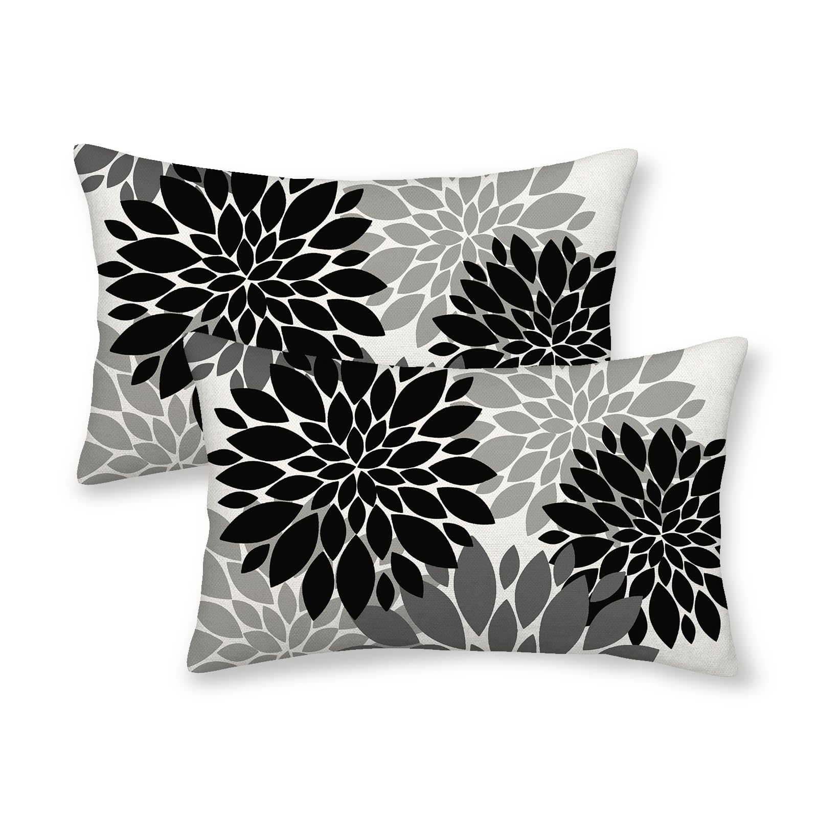 Cxmeifly Black Grey Gray Pillow Covers 12X20 Inch Set Of 2 Dahlia Floral Decor Throw Pillows Summer Modern Geometry Flower Outdo