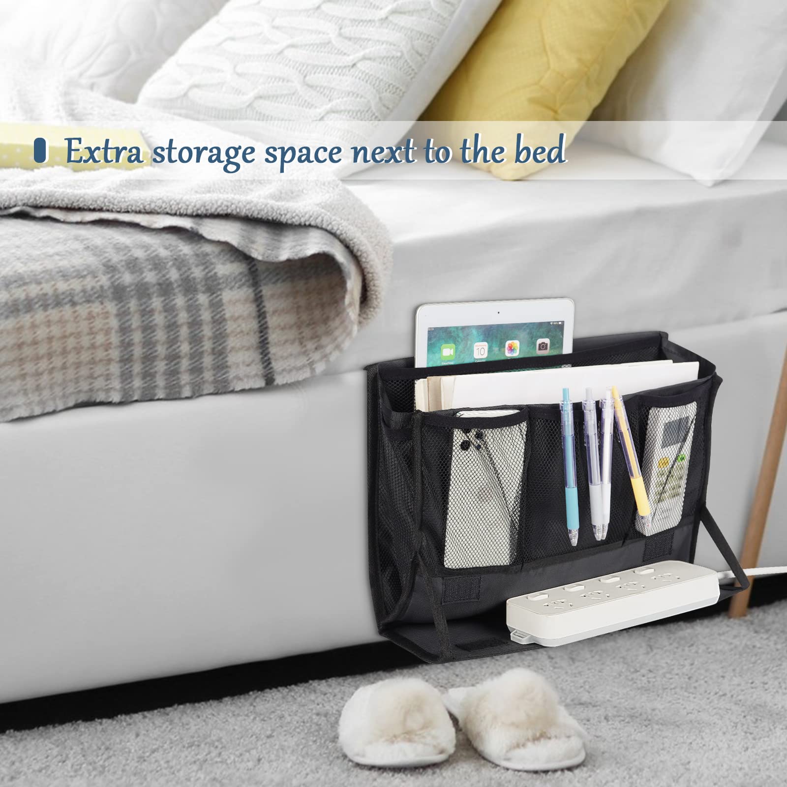 Retyion Bedside Storage Organizer With Power Strip Holder And Adjustable Straps Bed Hanging Bag For Home Bunk Bed Dorm Sofa (Bla