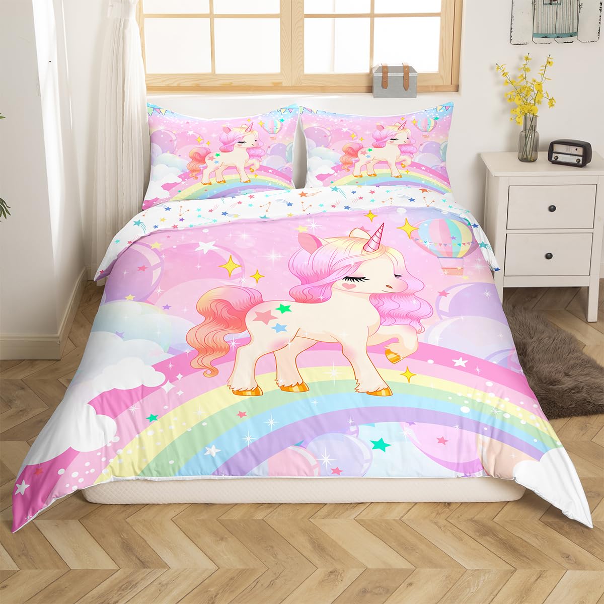 Feelyou Unicorn Girls Bedding Set Twin Kawaii Cute Rainbow Unicorn Duvet Cover Cartoon Horse Comforter Cover Kids Children Galax