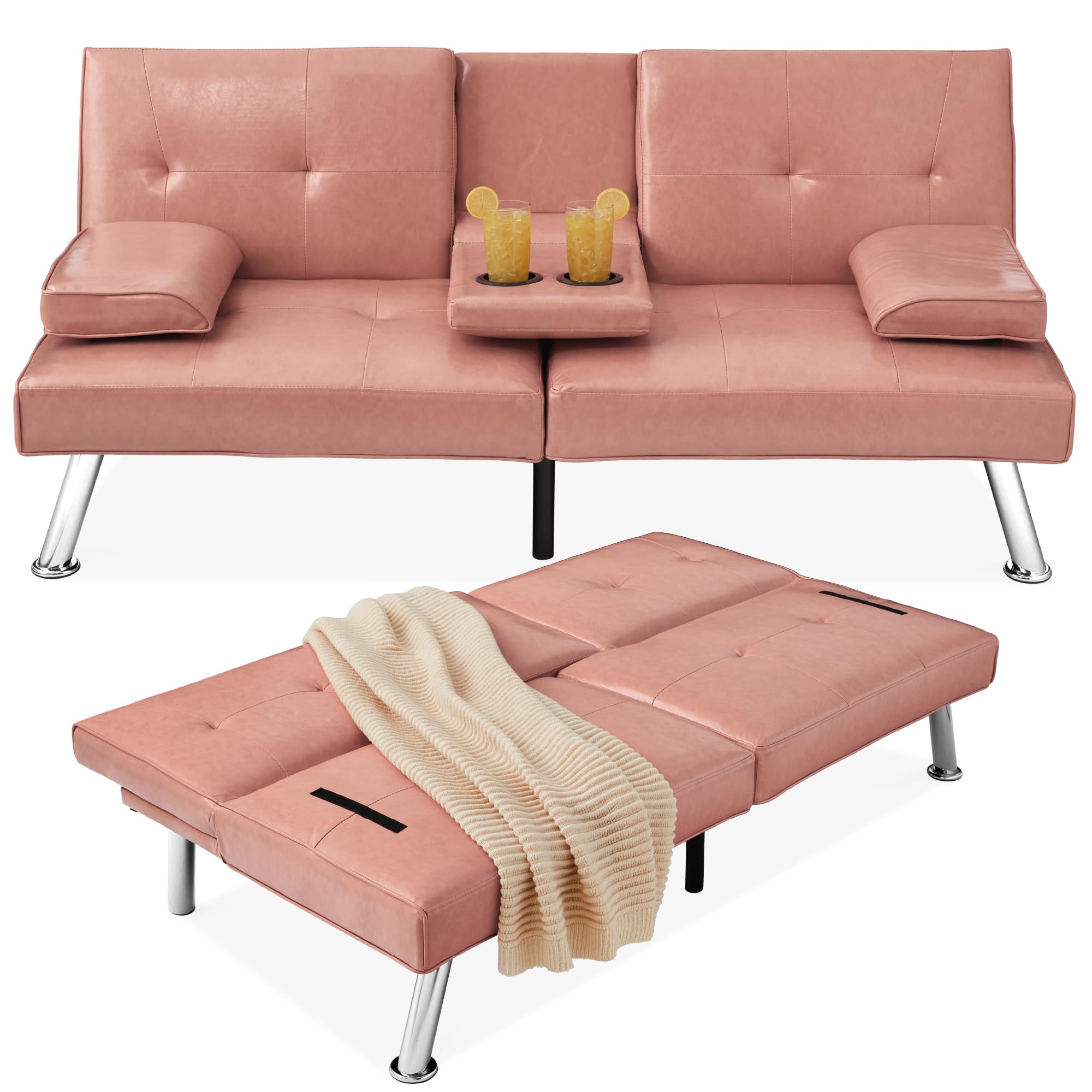 Best Choice Products Faux Leather Upholstered Modern Convertible Futon, Adjustable Folding Sofa Bed, Guest Bed W/Removable Armrests - Pink