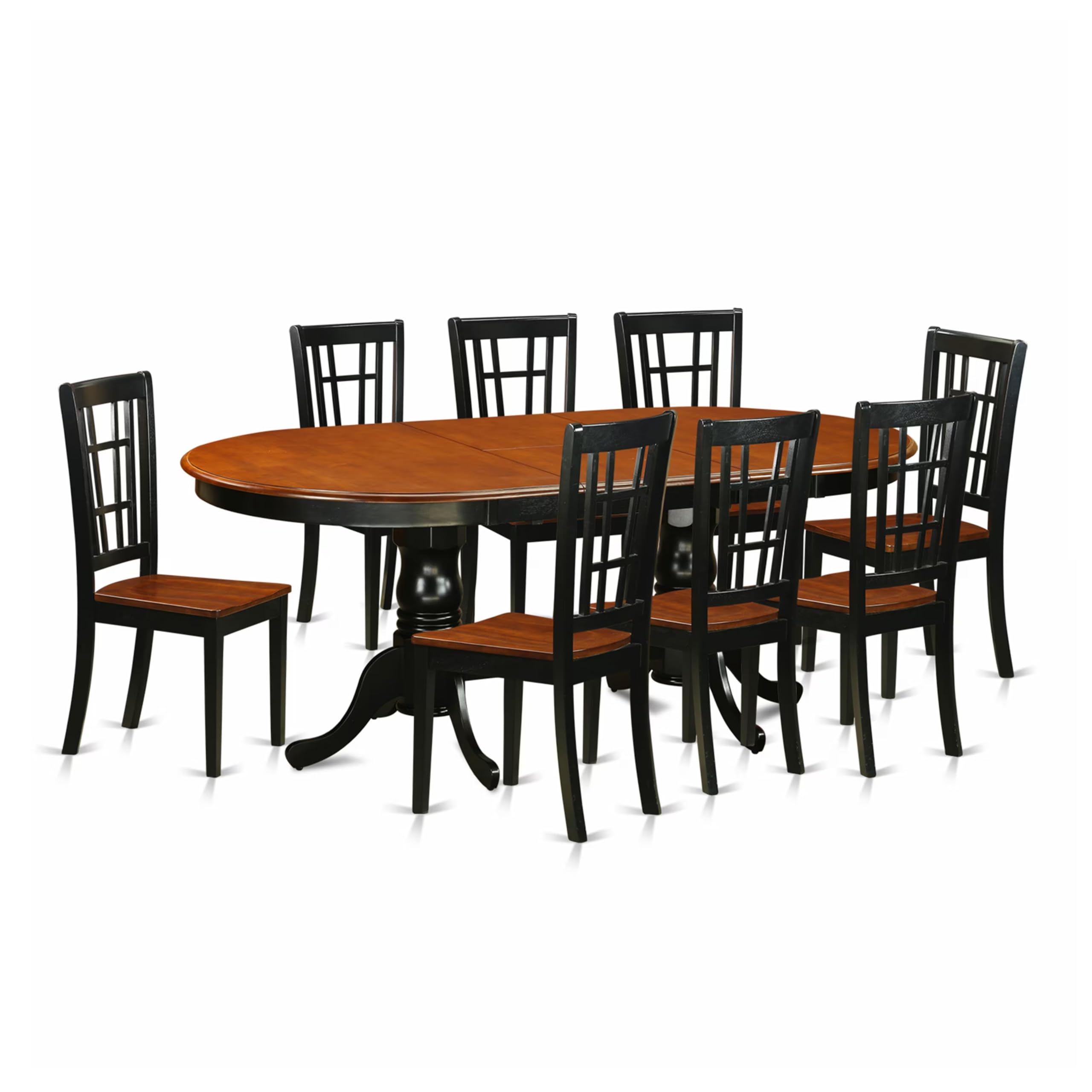 East West Furniture PLNI9-BCH-W 9 Piece Dining Table Set Includes an Oval Dining Room Table with Butterfly Leaf and 8 Wood Seat Chairs, 42x78 Inch, Black & Cherry