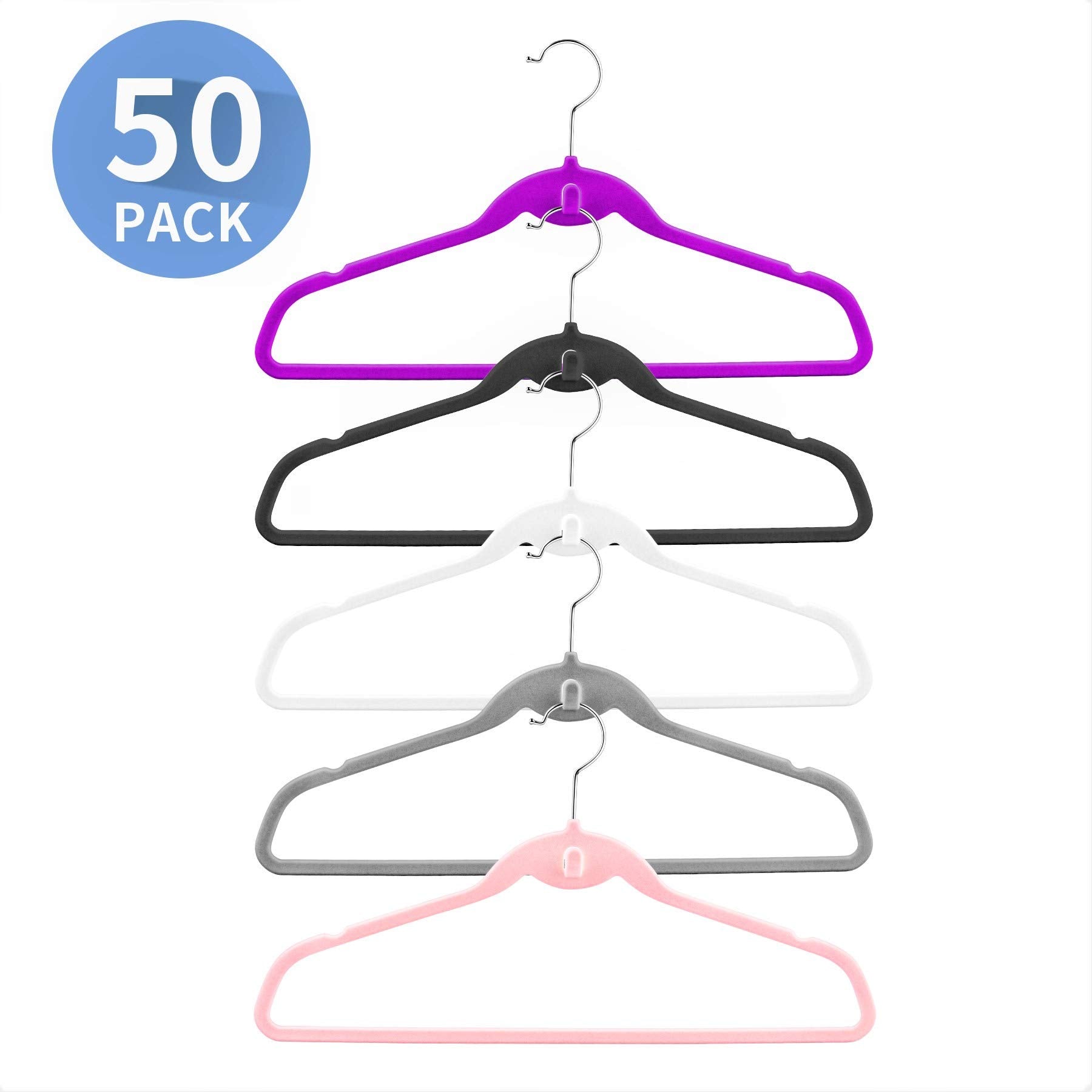 Hozyfrozy Multi-Color Premium Velvet Hangers With Mini Hooks, Pack Of 50, Non-Slip Space Saving Cascading Clothes And Suit Hange