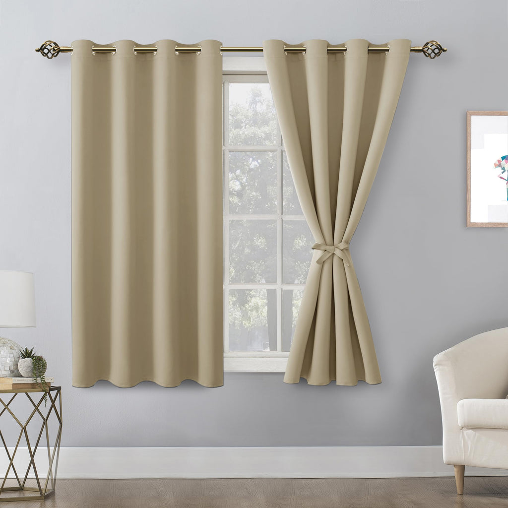Hiasan Blackout Curtains For Bedroom, 52 X 54 Inches Long - Thermal Insulated & Light Blocking Window Curtains For Living Room, 2 Drape Panels Sewn With Tiebacks, Taupe