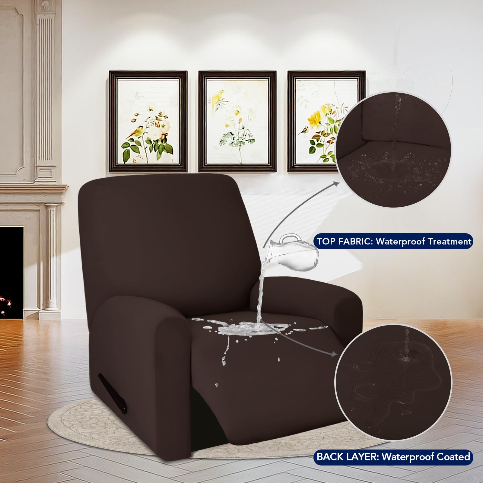 Purefit 100% Dual Waterproof Recliner Cover, Waterproof Couch Cover For Recliner - Stretch Non Slip Fleece Sofa Covers Washable, Leakproof Furniture Protector For Kids, Pets, Dog (Recliner, Chocolate)