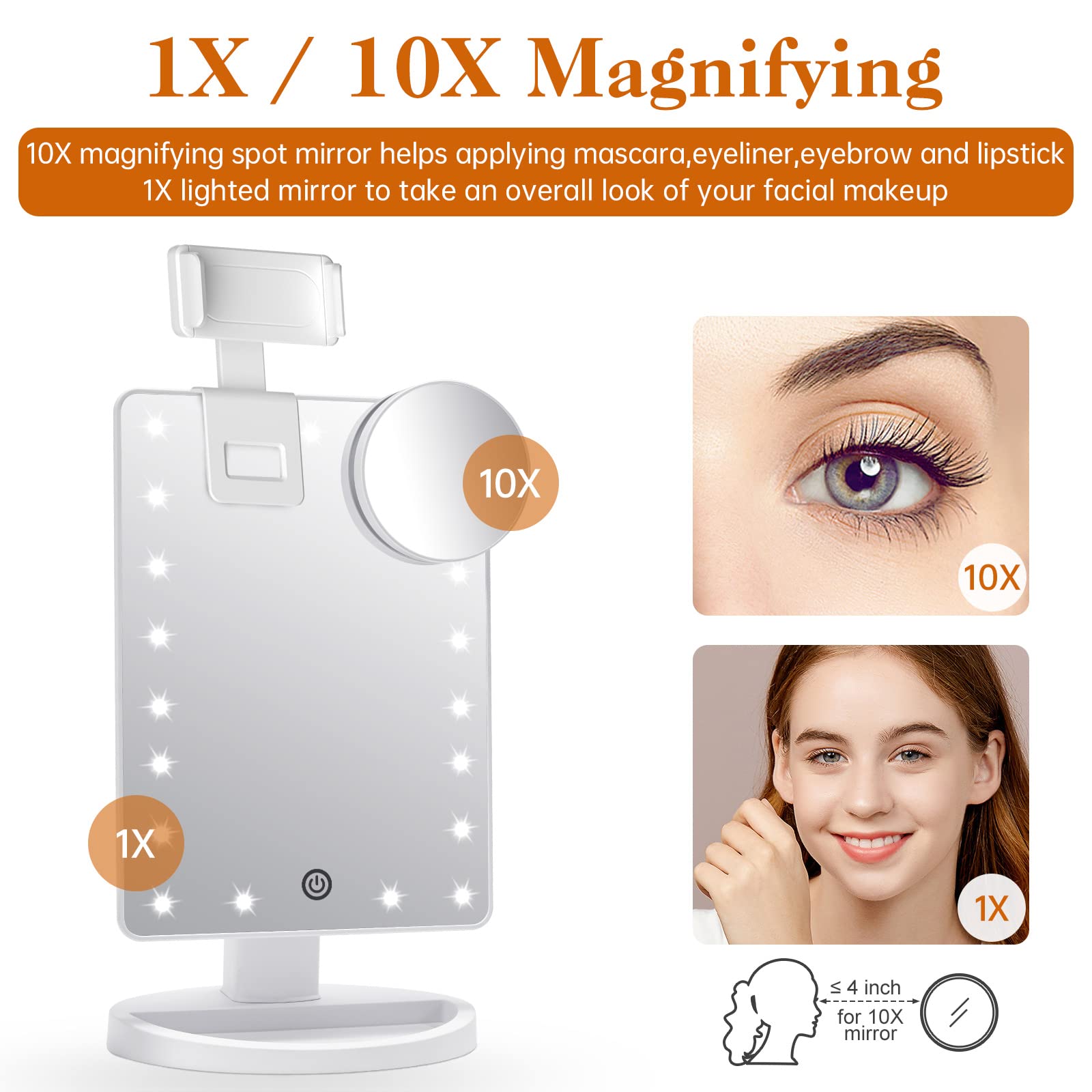 Lighted Makeup Vanity Mirror With Phone Holder And 10X Magnifying Mirror, 21 Led Lighted Mirror With Touch Sensor Dimming, 180Ad