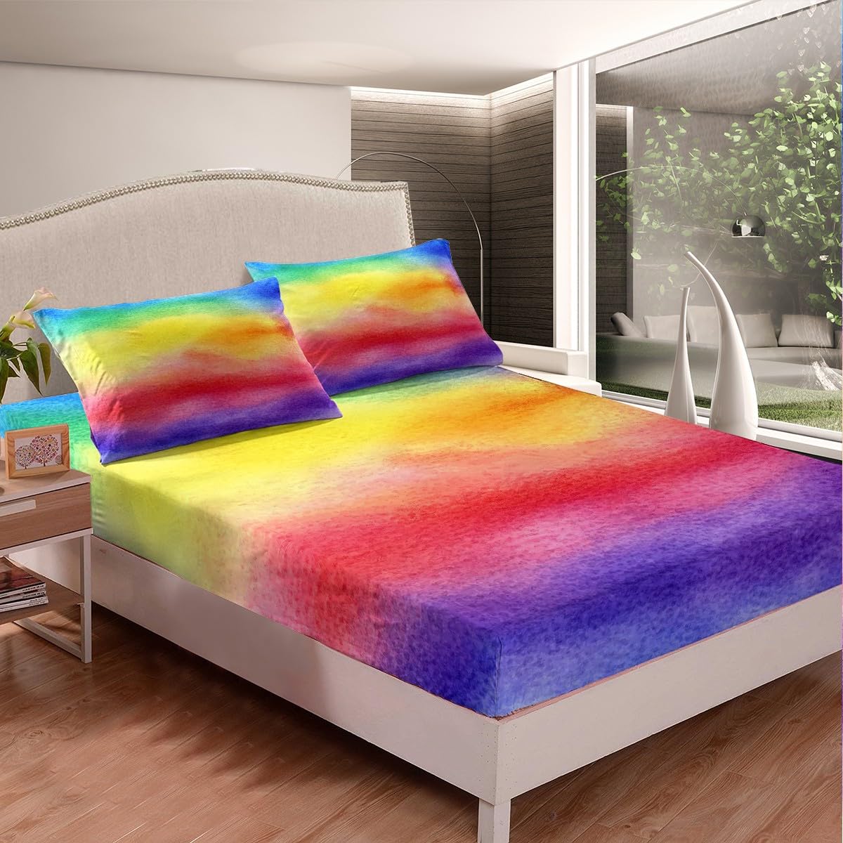 Feelyou Twin Sheet Set For Kids Girls Rainbow Stripe Bright Watercolor Soft Kids Bedding Set, 1 Flat Sheet,1 Deep Pocket Fitted Sheet, And 1 Pillow Case, Breathable, Teens Children Bedroom Decor