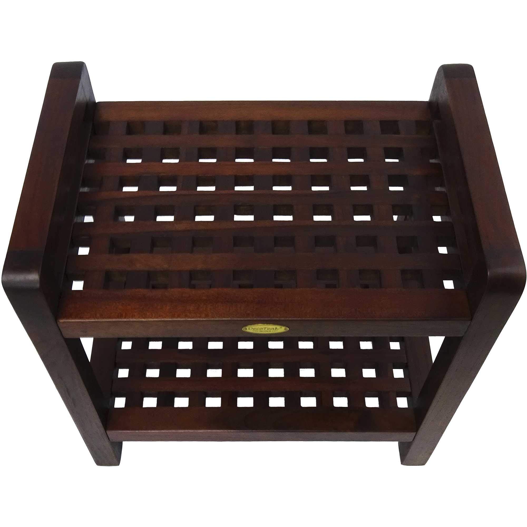 HomeRoots Teak Lattice Pattern Shower Stool with Shelf and Handles in Brown Finish