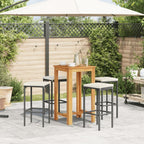 vidaXL 5-Piece Patio Bar Set with Black Poly Rattan Stools, Solid Acacia Wood Table, Cushions - Outdoor Furniture