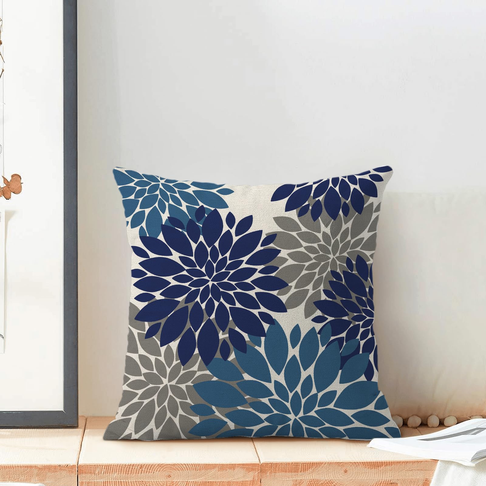 Cxmeifly Navy Blue Summer Outdoor Pillow Covers 18X18 Inch Set Of 2 Dusty Blue Grey Dahlia Floral Decor Throw Pillows Modern Geo