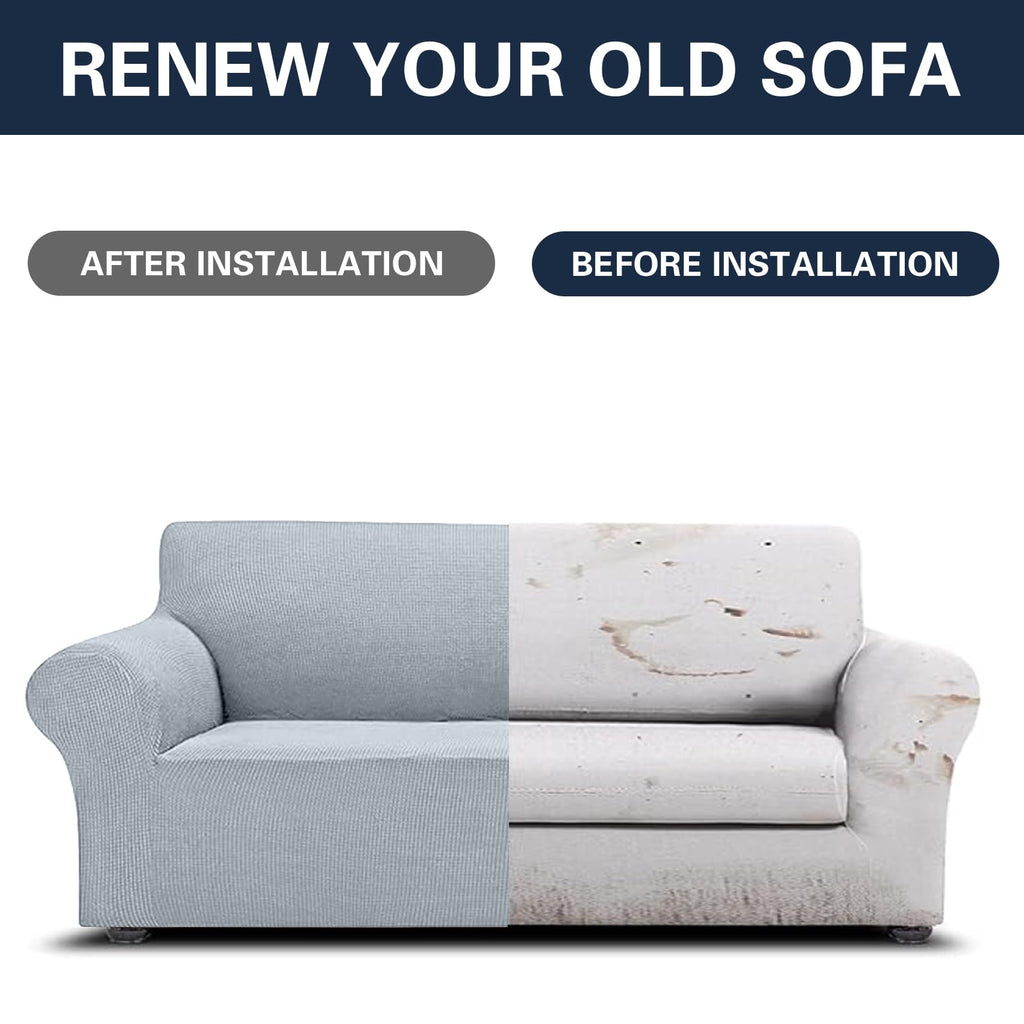 2025 New Stretch Sofa Slipcovers Couch Cover For 3 Cushion Furniture Protector Sofa Covers With Elastic Bottom Jacquard Fabric Small Checks For Pets, Kids -Sofa, Silver