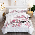 Romantic Asian Cherry Blossom Sakura Flower Branches Comforter Set For Girls Kids Teens, Queen Size Eastern Red Petal Floral Art