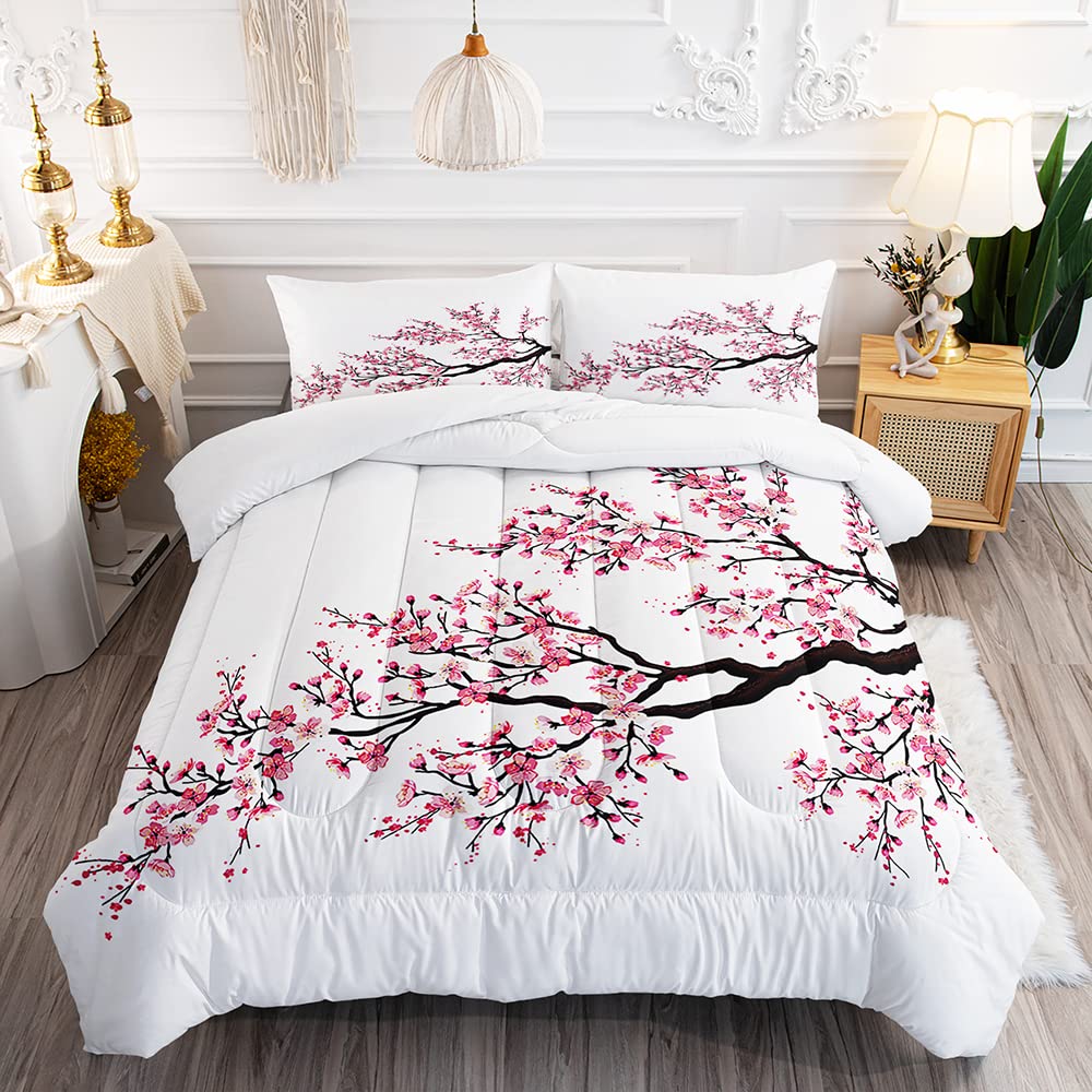 Romantic Asian Cherry Blossom Sakura Flower Branches Comforter Set For Girls Kids Teens, Queen Size Eastern Red Petal Floral Art