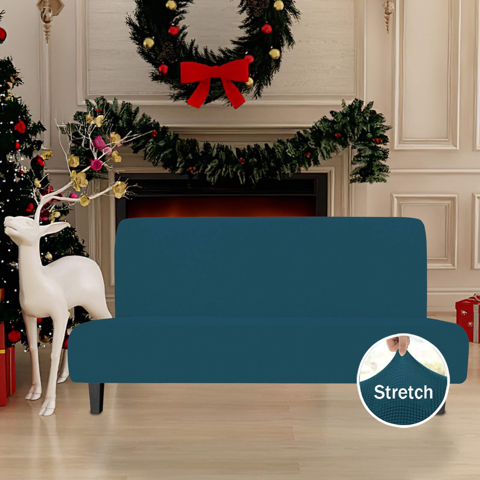 Easy-Going Stretch Futon Slipcover Armless Futon Bed Cover Furniture Protector Without Armrests With Elastic Bottom For Kids, Soft Jacquard Fabric Small Checks (Large, Peacock Blue)