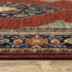 HomeRoots 509252 8 x 11 ft. Red Blue Orange & Ivory Oriental Power Loom Stain Resistant Rectangle Area Rug with Fringe