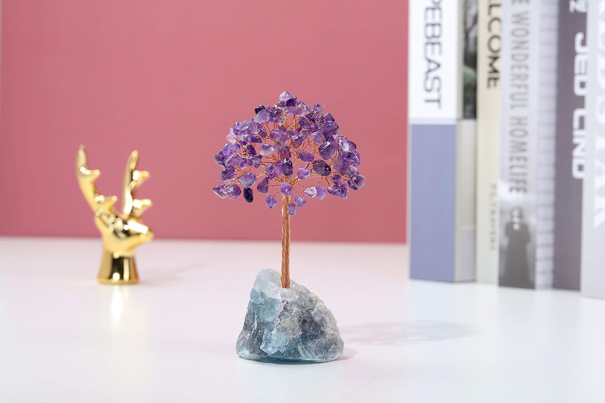 Jovivi Natural Amethyst Crystal Tree, Raw Healing Crystals Fluorite Base Bonsai Money Tree For Home Office Table Decor Wealth An