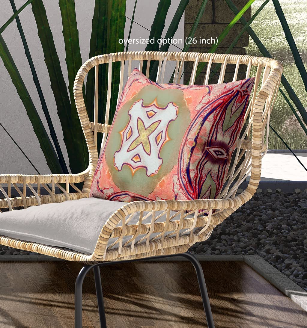 HomeRoots Peach Magenta Green Broadcloth 28â€ Magenta Green Geo Tribal Indoor Outdoor Throw Pillow