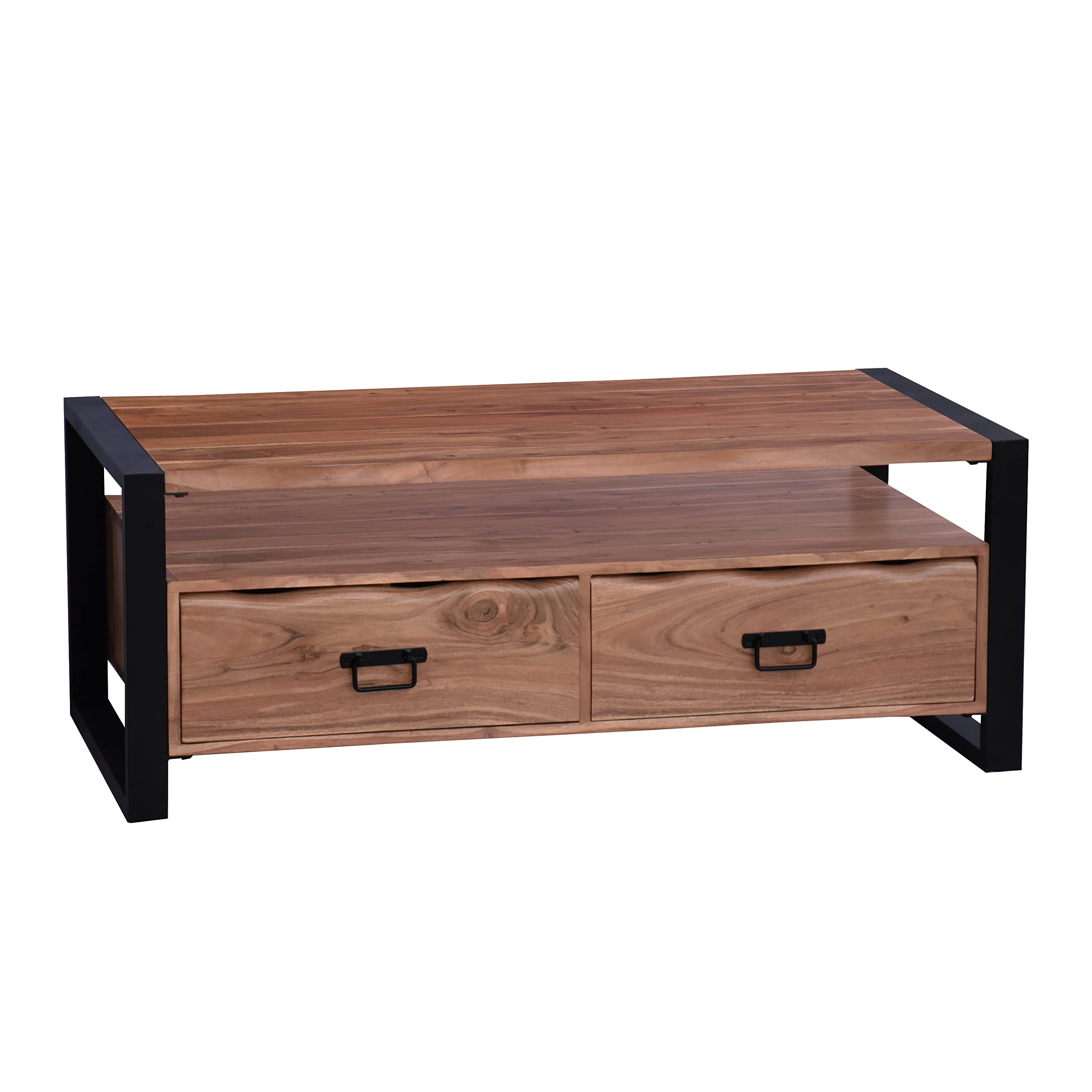 The Urban Port 47-Inch Handcrafted Coffee Table with Live Edge Detailing, 2 Drawers, Open Center Compartment, Black Iron Frame, 