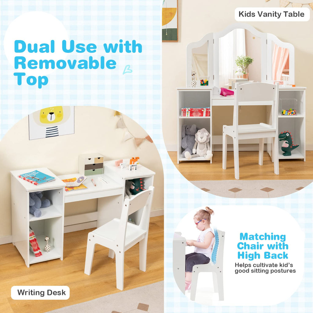 Honey Joy Kids Vanity, Little Girls Vanity Set With With Mirror And Stool, Storage Shelves, Wooden Princess Makeup Dressing Table, Toddler Vanity, Pretend Play Kids Vanity Table And Chair Set (White)