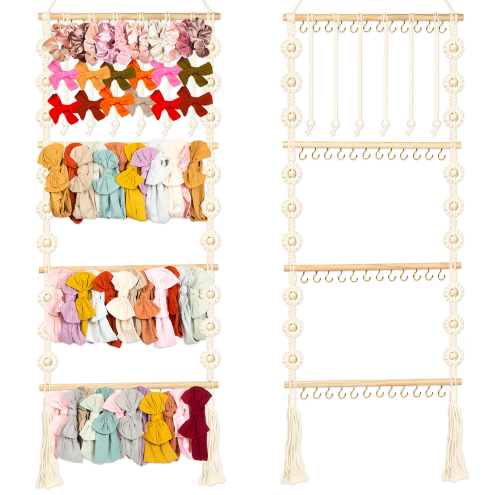 Headband Holder - Bow Holder for Baby Girl - Macrame Bow Organizer for Baby Girl w/ 48 Metal Hooks, 6 Slings & Wooden Bead - Spa