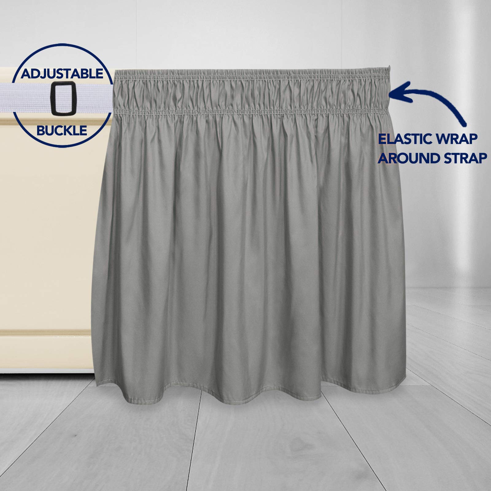 Purefit Wrap Around Ruffled Bed Skirt With Adjustable Elastic Belt - 18 Inch Drop Easy To Put On, Wrinkle Free Bedskirt Dust Ruffles, Bed Frame Cover For Twin,Twin Xl And Full Size Beds, Gray