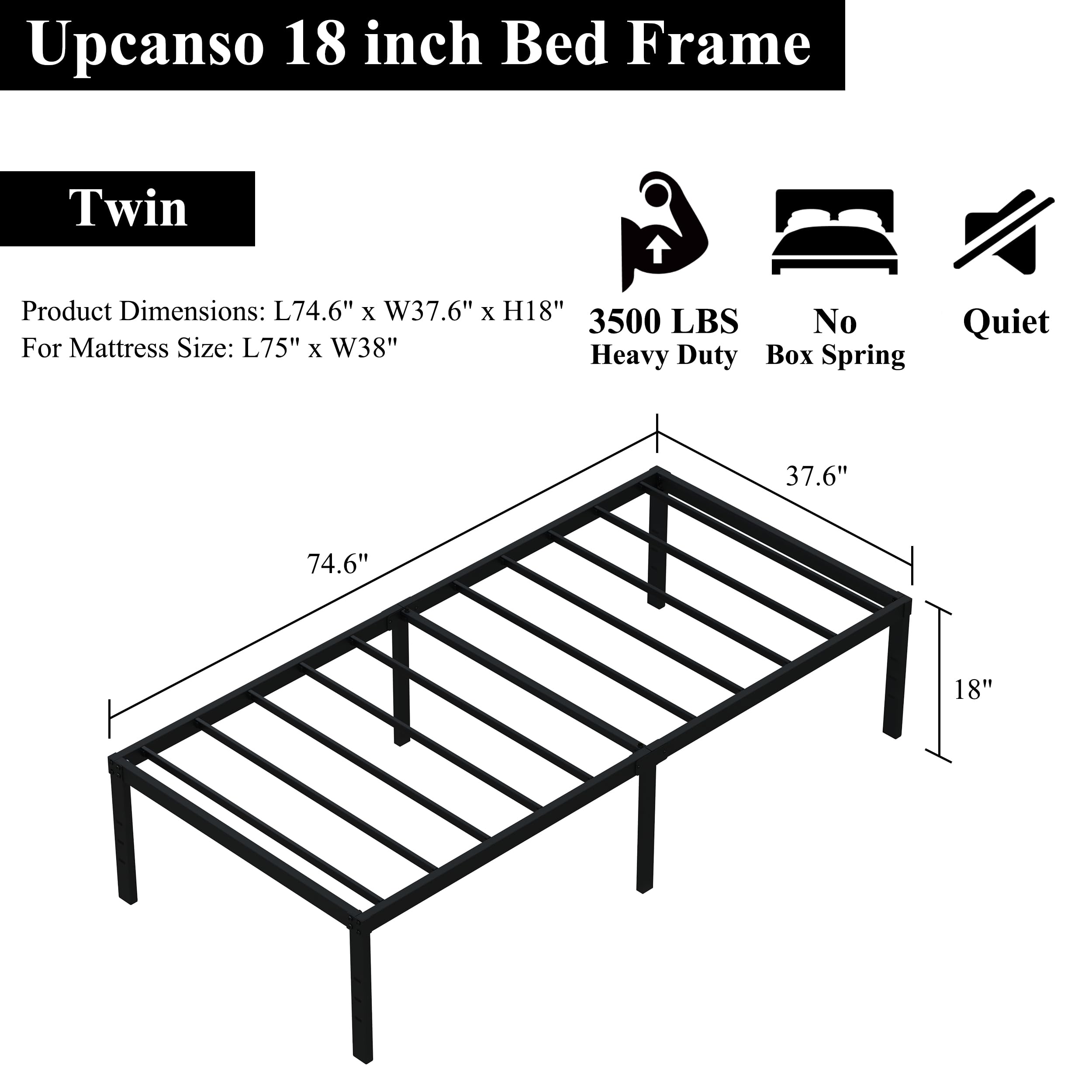 Upcanso 18 Inch Twin Bed Frames No Box Spring Need, Metal Platform Bed Frame Twin Size With High Storage, Eassy Assembly 2,500 Lbs Heavy Duty Bedframes, Black