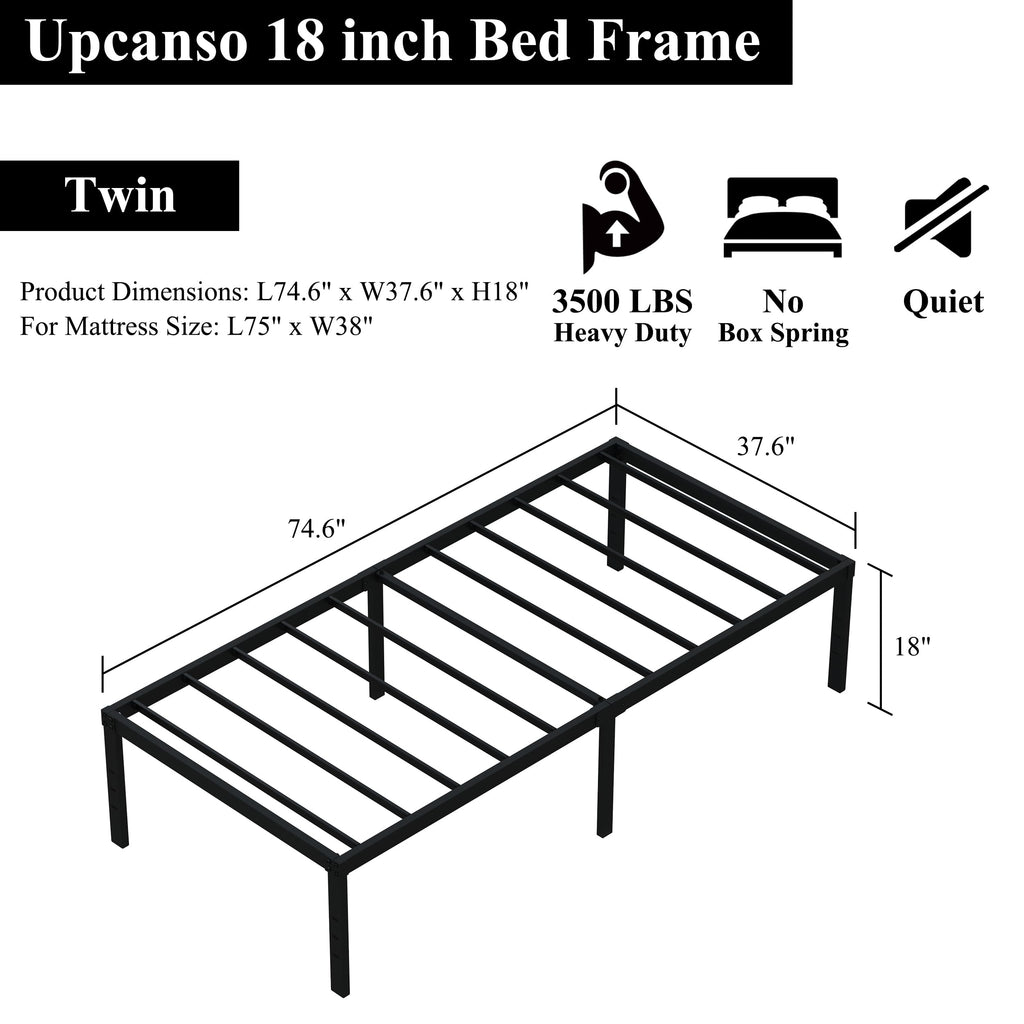 Upcanso 18 Inch Twin Bed Frames No Box Spring Need, Metal Platform Bed Frame Twin Size With High Storage, Eassy Assembly 2,500 Lbs Heavy Duty Bedframes, Black
