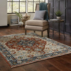 HomeRoots 508057 8 x 11 ft. Blue Beige Tan Brown Gold & Rust Red Oriental Power Loom Stain Resistant Rectangle Area Rug with Fringe