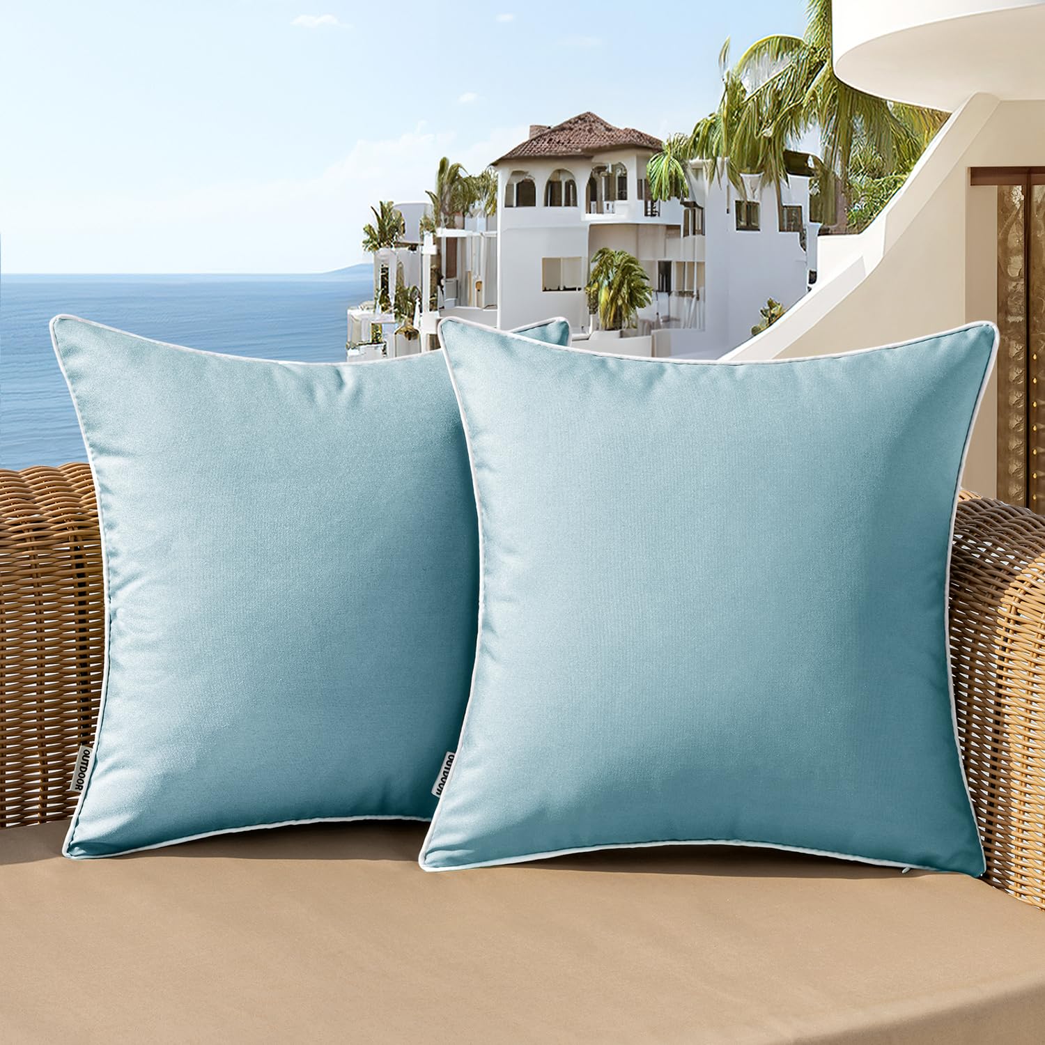 Woaboy Set Of 2 Outdoor Waterproof Pillow Covers 18X18 Inch Blue Gray Decorative Throw Pillows Square Solid Color Couch Pillowca