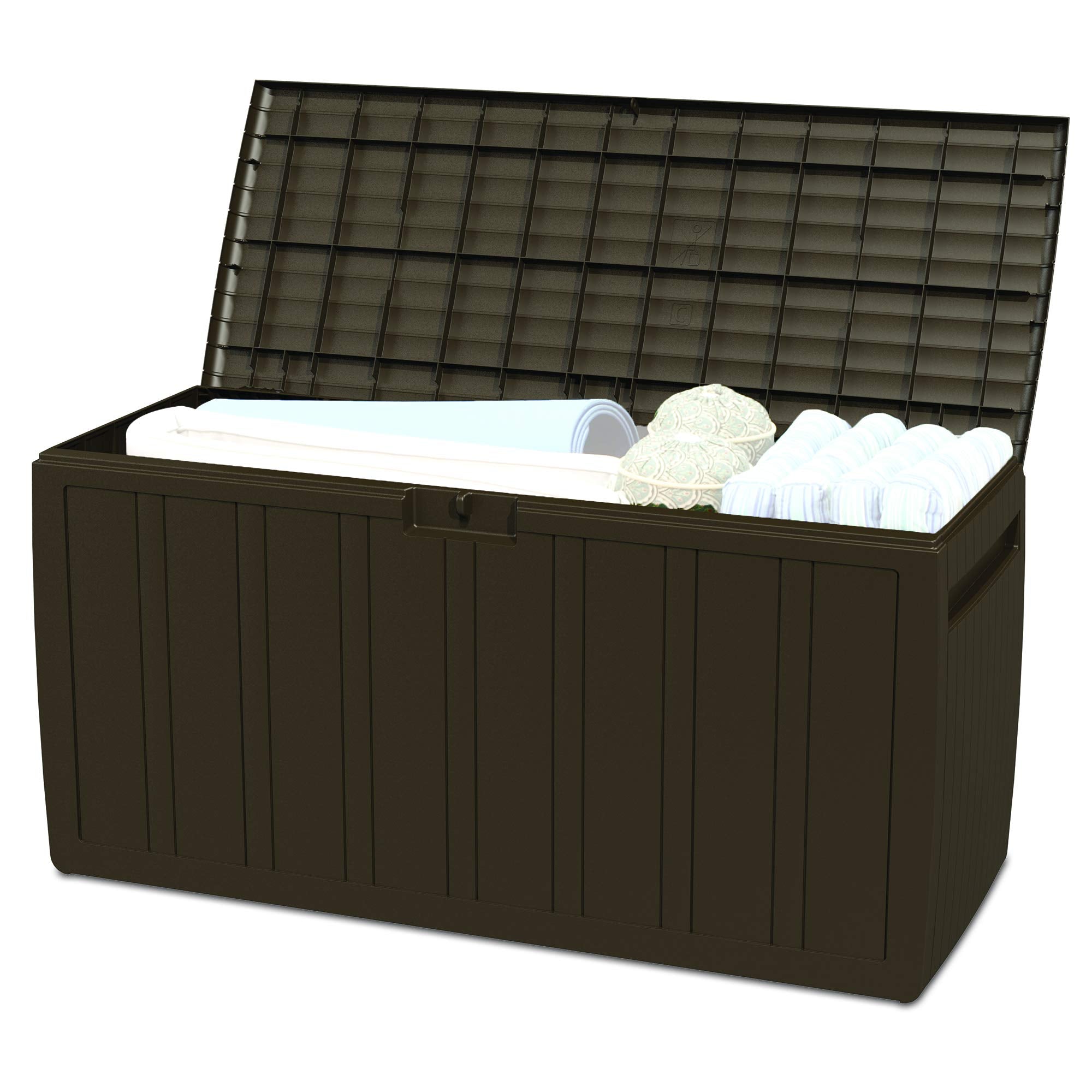 Ram Quality Products Plastic 71 Gallon Outdoor Backyard Storage Bin Deck Box For Patio Furniture Cushions, Tools, Toys, And Pool