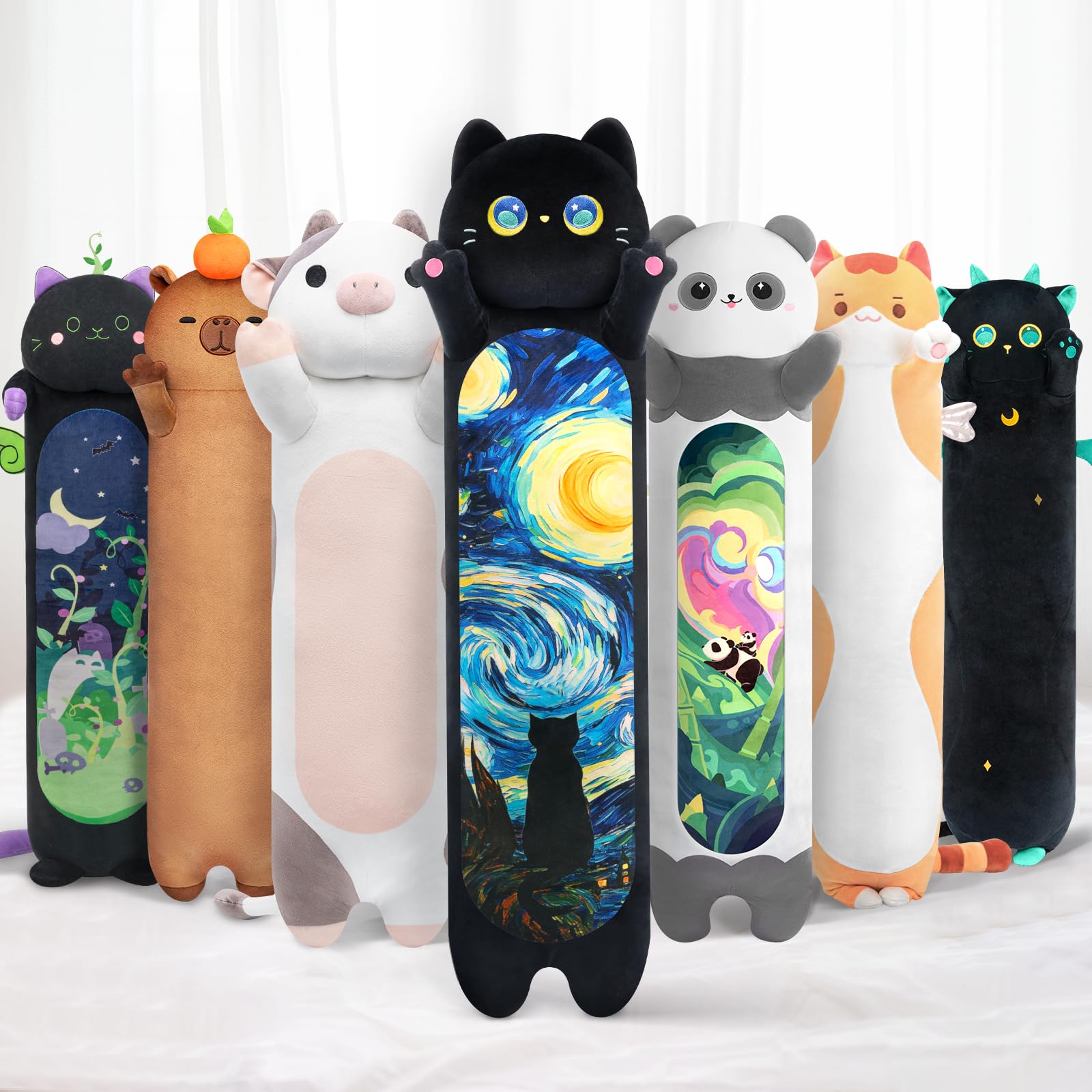 Mewaii Long Cat Plush 5 Sizes, 120% Extra Filling Giant Plushness Kids Body Pillow, Kawaii Cute Black Starry Cat Stuffed Animals
