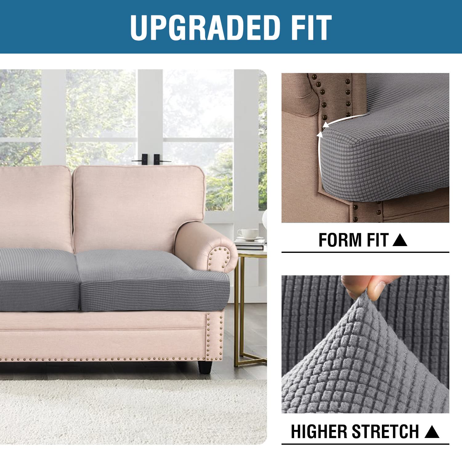 H.Versailtex Stretch 2 Piece T Cushion Sofa Slipcovers Individually Sofa Cushion Covers For 2 Cushion Couch Sofa Seat Cushion Covers With Elastic Bands Featuring Thicker Jacquard Fabric, Dove