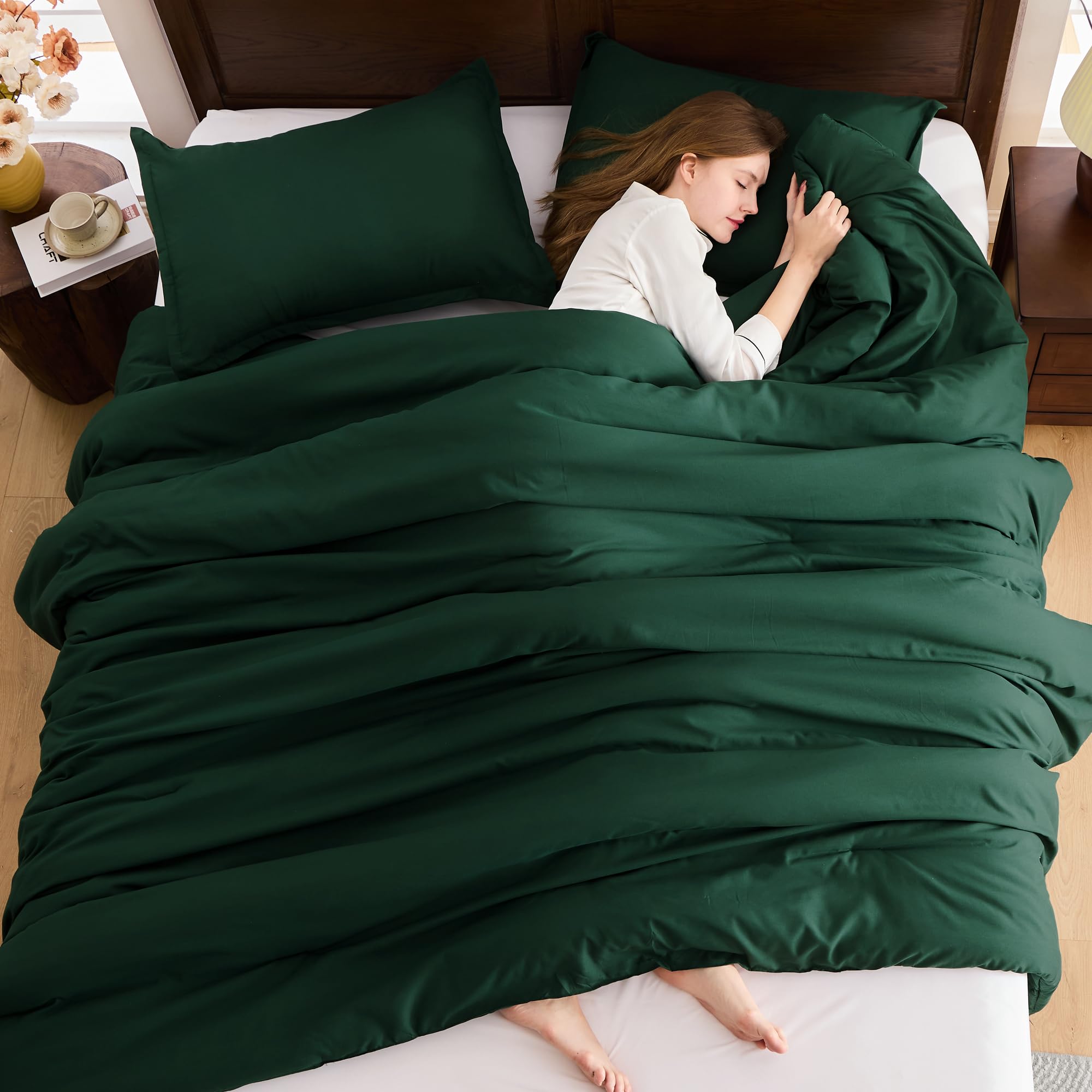 Andency Dark Emerald Green Queen Size Comforter Set, 3 Pieces Forest Hunter Green Boho Solid Bedding Sets, Soft Cozy Lightweight Down Alternative All Season Bed Set